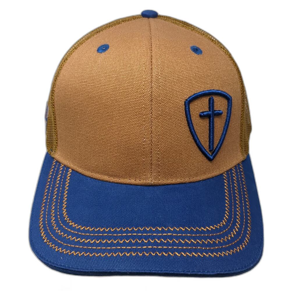 Kerusso Trucker Hat Brown Blue One Size Cross Shield Mesh Snapback Christian Hat